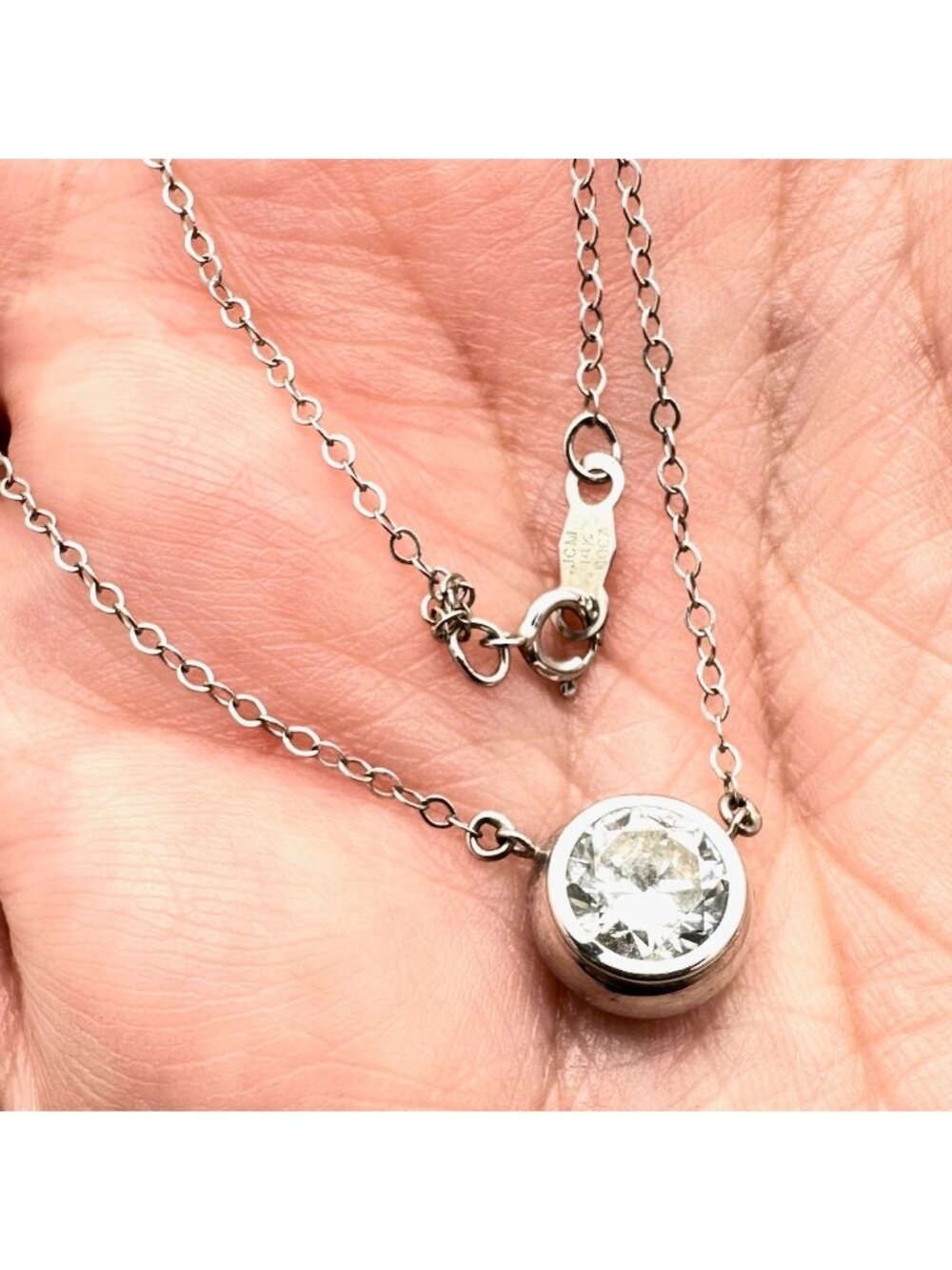 14K White Gold Necklace Round Cubic Zirconia Solitaire Pendant